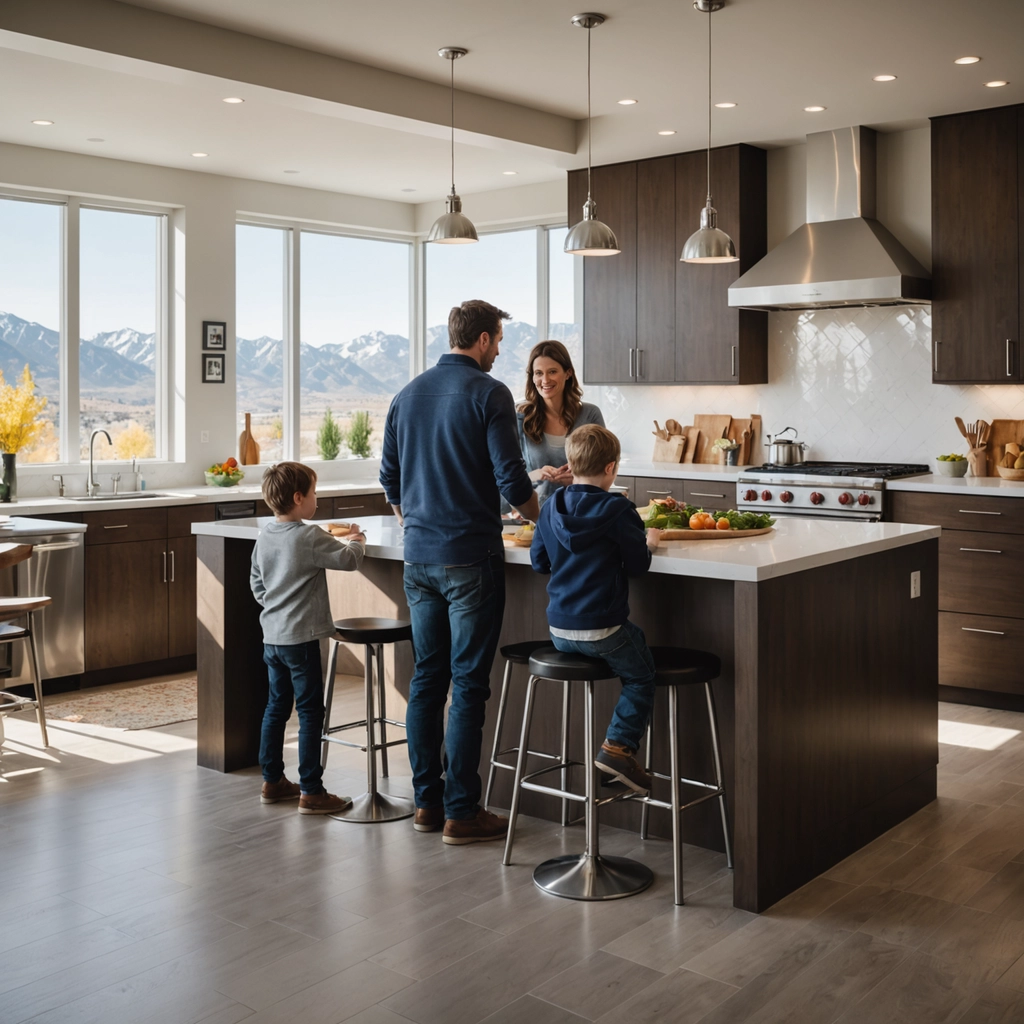 Family cooking together in a modern kitchen with mountain views.