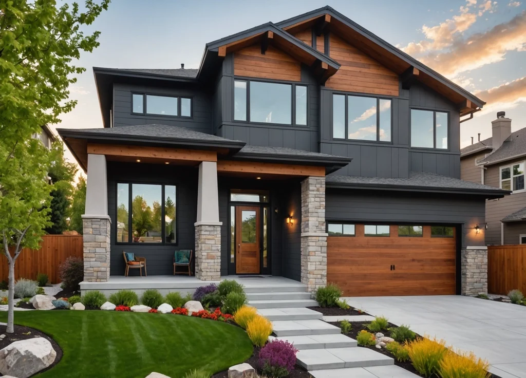 Modern custom home with stone accents and landscaped yard