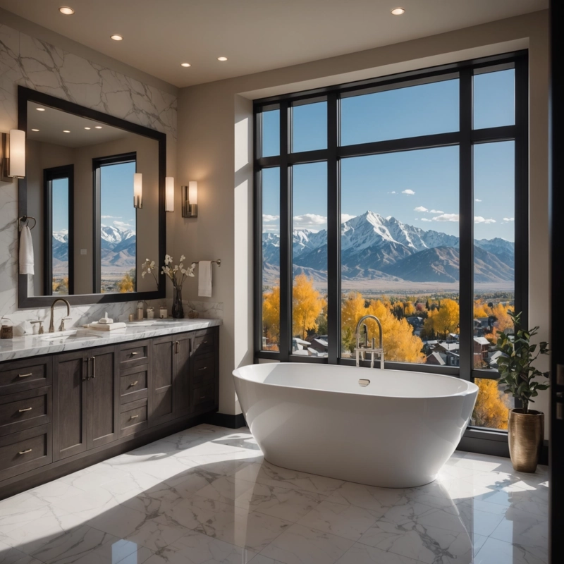 Modern bathroom with a freestanding tub and mountain view through large windows