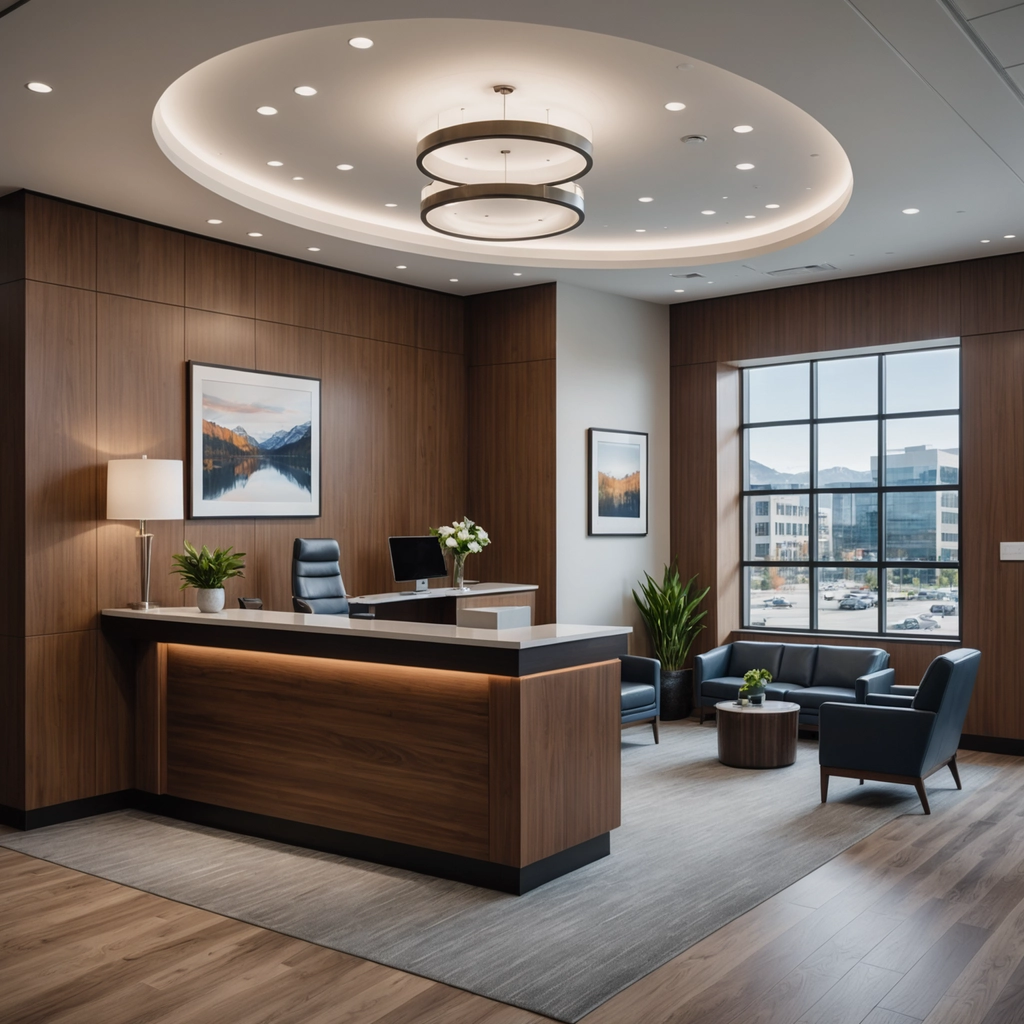 Modern reception area with wooden accents and seating, featuring a desk and large windows.
