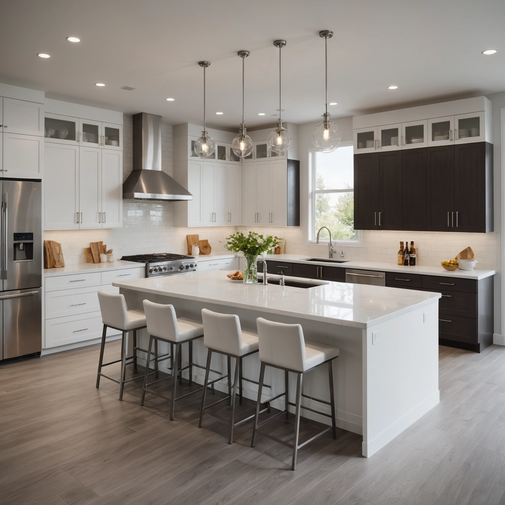 Modern kitchen with white and dark cabinets, large island, and pendant lighting.