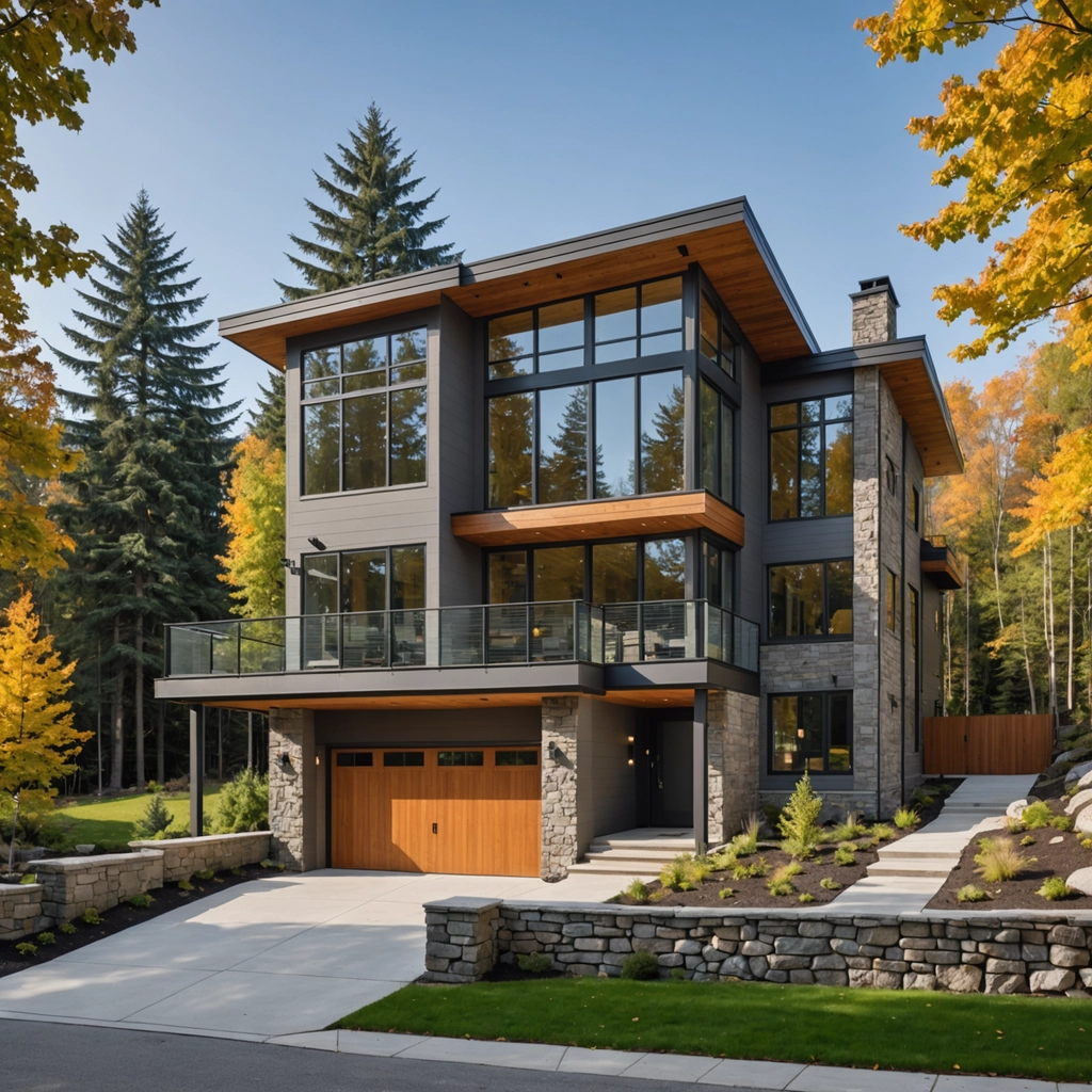 Modern home exterior with large windows and stone accents surrounded by trees.