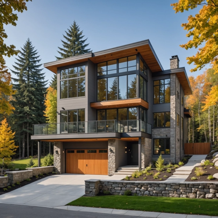 Modern home exterior with large windows and stone accents surrounded by trees.