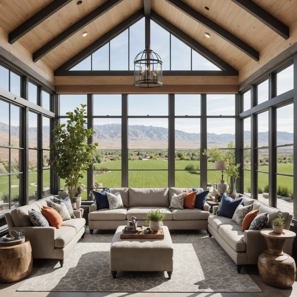 Bright sunroom with large windows, comfortable seating, and scenic outdoor view.