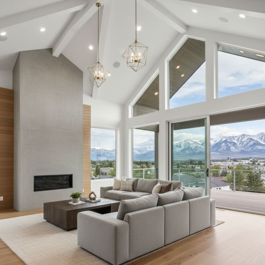 A spacious and modern luxury home addition featuring high vaulted ceilings with exposed beams, large windows and sliding glass doors that open to a deck, offering panoramic views of mountains. The living area is furnished with comfortable sofas, a sleek fireplace, and stylish pendant lighting.