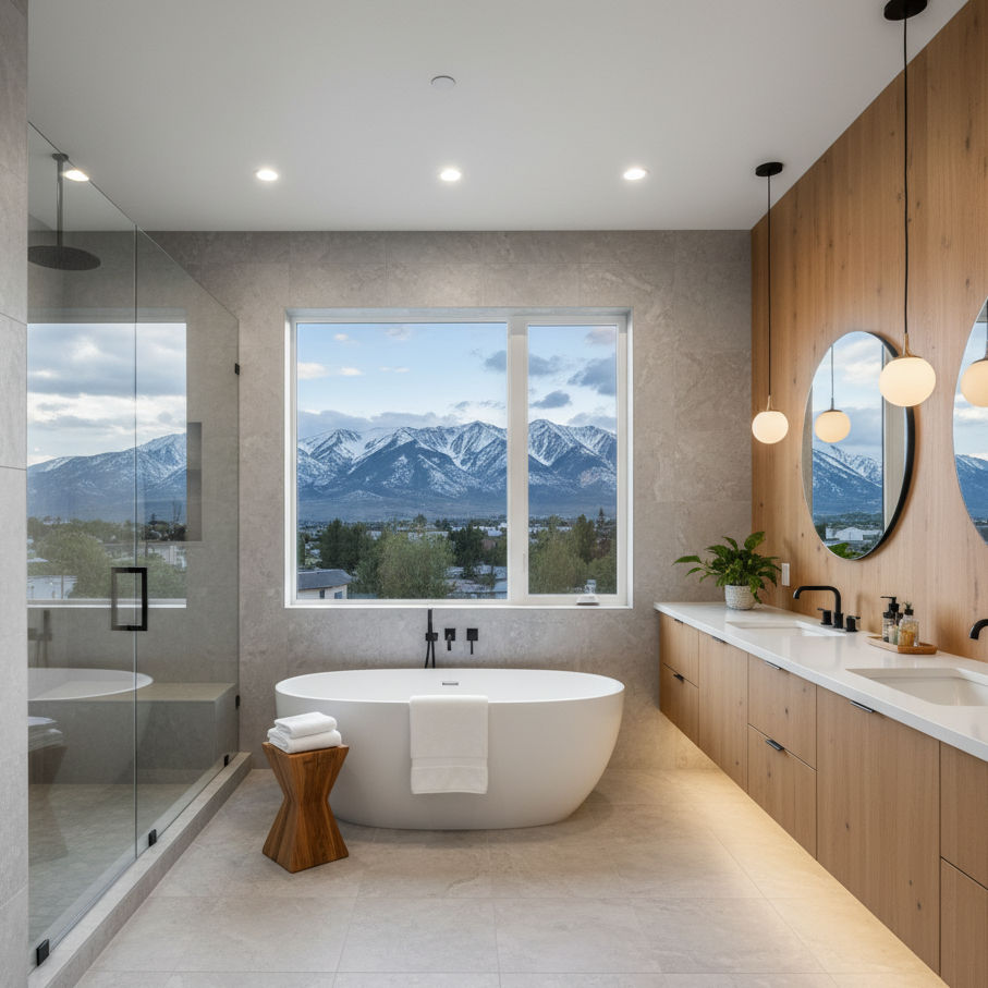 A high-end bathroom in Salt Lake City featuring a large soaking tub, a spacious glass-enclosed shower, a double vanity with wooden cabinets, modern lighting, and a panoramic window showcasing a stunning view of snow-capped mountains.