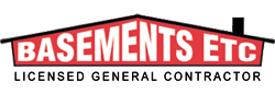 Logo of Basements Etc featuring bold red text on a black background