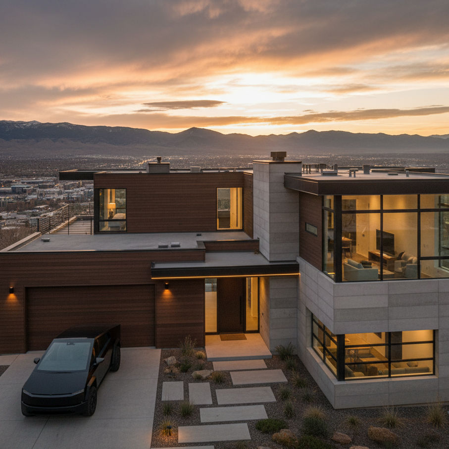 An aerial view of a sophisticated, modern luxury home situated on the East Bench, with a stunning sunset sky overhead. The house features a multi-level design with a combination of dark wood siding and light stone accents, large windows, and a flat roof. A black luxury car is parked in the driveway, and the lights inside the home are glowing, showcasing the interior. The background reveals a city sprawling below against a backdrop of distant mountains.
