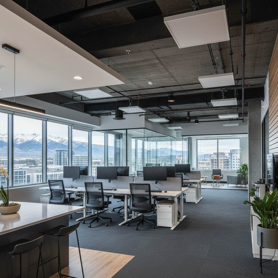 A contemporary and spacious commercial office interior in Salt Lake City, featuring an open-plan layout with multiple workstations. The office has large windows offering views of the city and distant snow-capped mountains. Design elements include a suspended ceiling with visible ductwork, a textured wooden accent wall, a stylish kitchen/break area with a white countertop and bar stools, and various potted plants enhancing the decor.