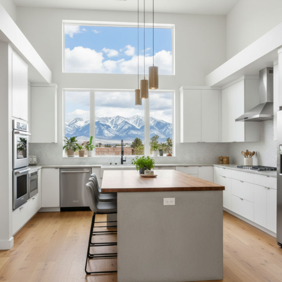 A bright, spacious modern kitchen in Salt Lake City featuring white cabinetry, a large kitchen island with a wood countertop, stainless steel appliances, and a view of mountains through a large window.