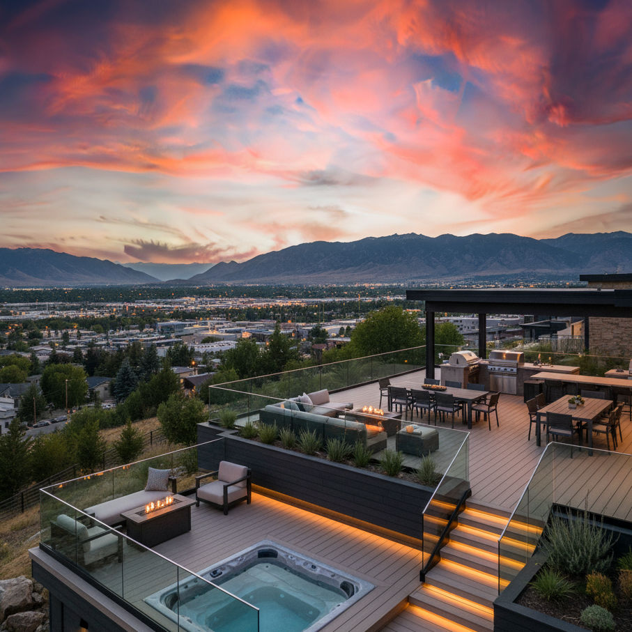 A high-angle view of a multi-level luxury deck and outdoor living area in Salt Lake City at sunset, showcasing vibrant orange and pink clouds. The expansive deck features a built-in hot tub, comfortable outdoor lounge furniture around a fire pit, a dining area, and an outdoor kitchen with a grill. Glass railings provide an unobstructed view of the city lights and surrounding mountains. Integrated lighting illuminates the steps and various sections of the deck, creating a warm and inviting atmosphere.