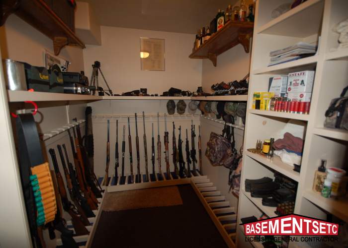 Organized basement storage room with firearms and supplies on shelves