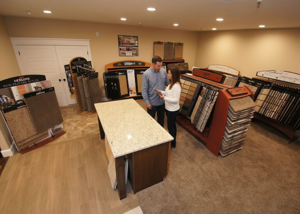 Couple discussing flooring options in a design showroom with samples displayed.