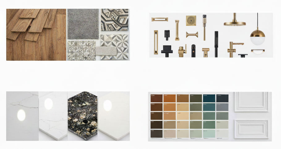 Variety of flooring materials, fixtures, and color palettes for design.