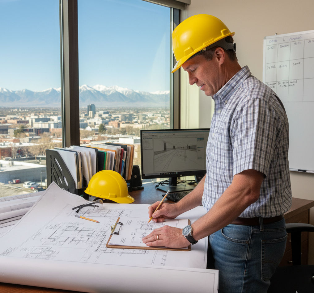 A man in a yellow hard hat reviewing architectural plans at a desk with a city view.