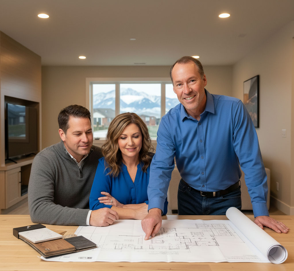 Three people reviewing architectural plans at a table in a modern room.