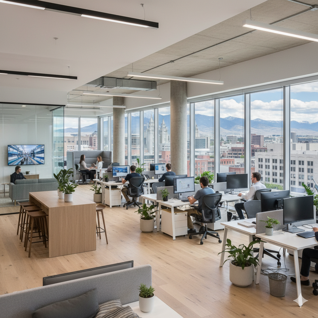 Modern office space with multiple workstations and large windows overlooking a cityscape.