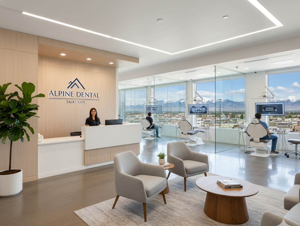 Modern dental office reception area with mountain views and seating.