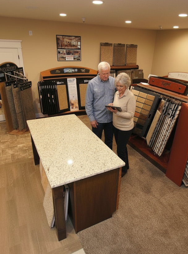 Couple discussing flooring options at a design center showroom.