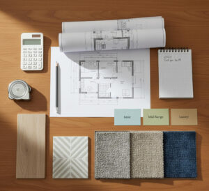 Flat-lay image showing blueprints, calculator, tape measure, and material samples to represent basement finishing cost per square foot in Utah. No people.