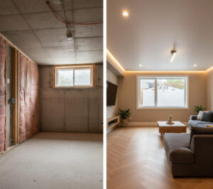 Finished basement living space conversion in Utah showing before-and-after contrast with modern flooring, insulation, and legal egress window. No people.