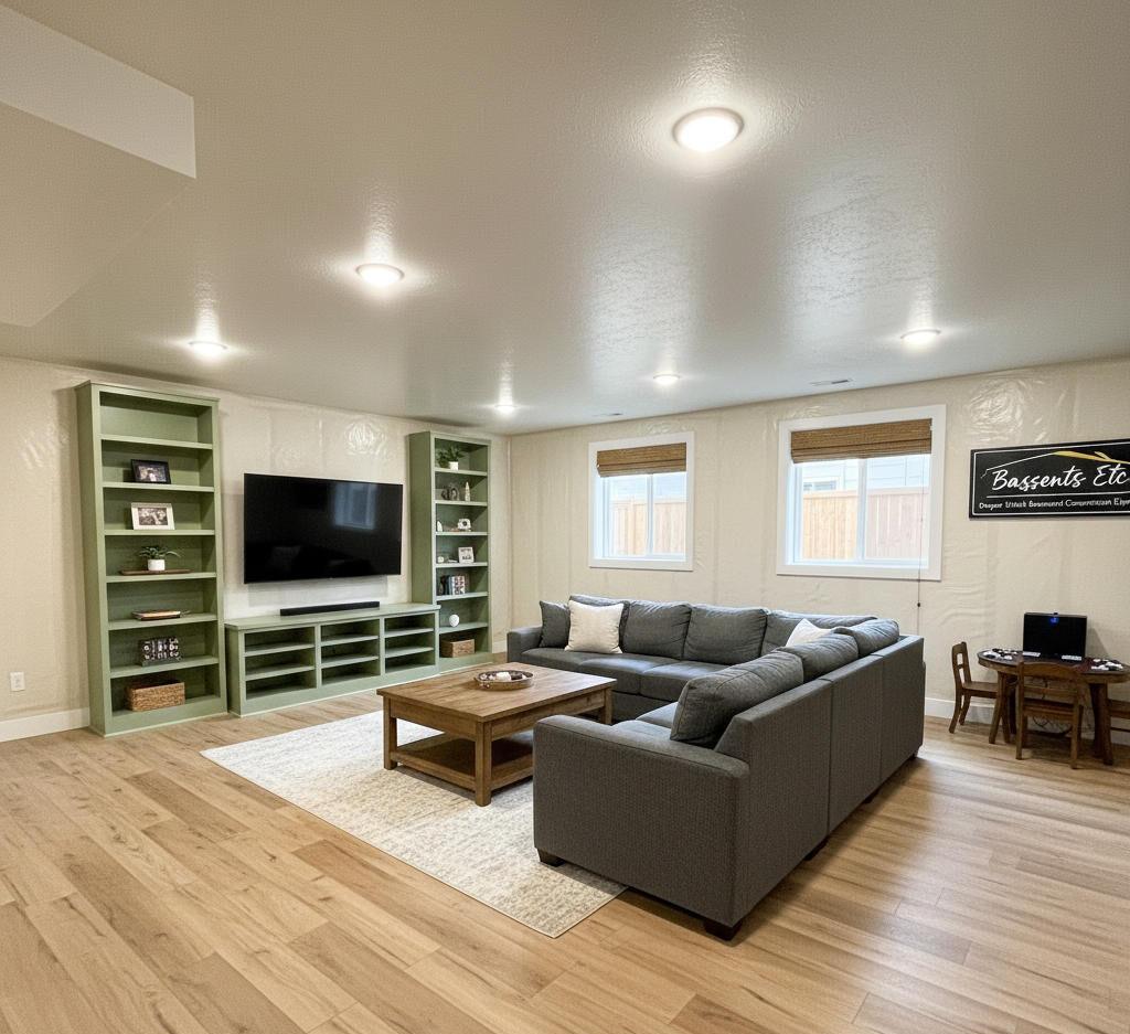 Newly finished Draper Utah basement converted into a living room with insulated walls, recessed lights, and luxury flooring
