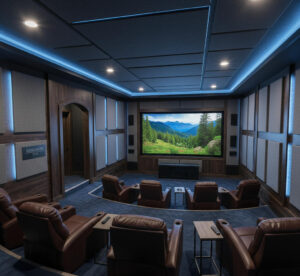 Draper basement home theater with tiered seating, acoustic panels, and LED perimeter lighting