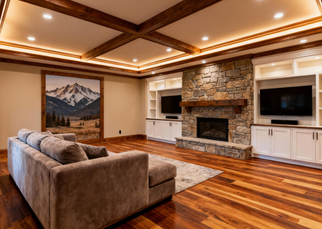 Cozy finished basement with a stone fireplace and wooden beams