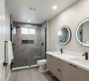Finished basement bathroom in Herriman Utah with walk-in shower and modern tile design