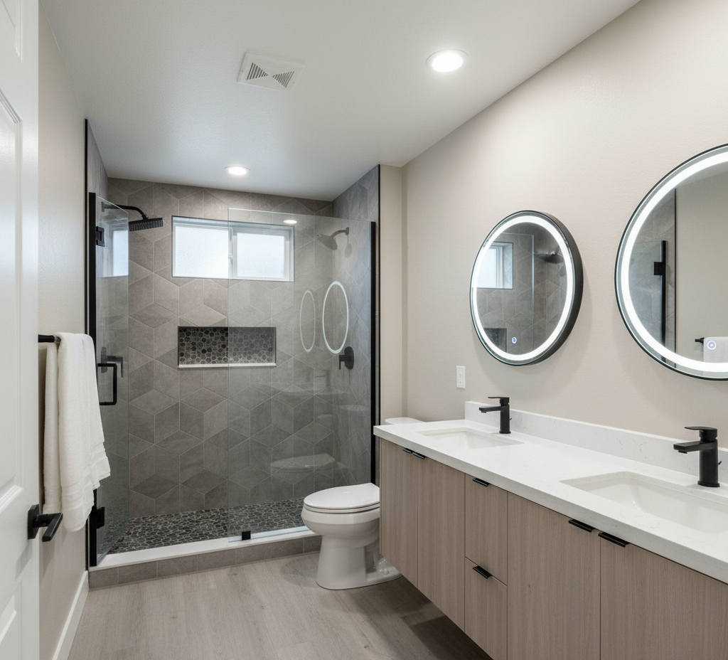Finished basement bathroom in Herriman Utah with walk-in shower and modern tile design