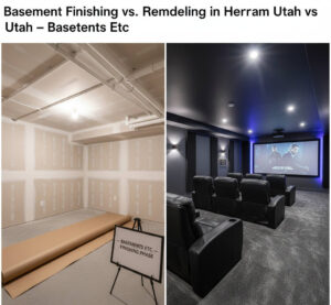Comparison of finished and remodeled basement spaces in Herriman Utah showing modern design and functional layout