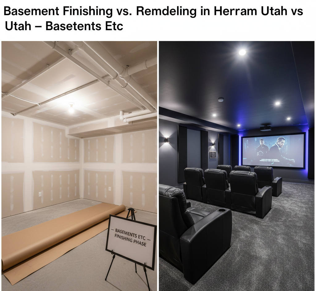 Comparison of finished and remodeled basement spaces in Herriman Utah showing modern design and functional layout