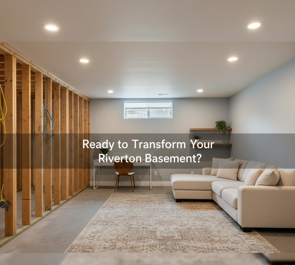 Modern finished basement in Riverton, Utah with clean lighting and a cozy lounge area, used for promoting basement finishing and remodeling services. No people.