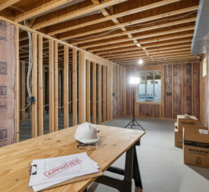 Building inspector reviewing basement finishing permit plans in Herriman Utah home.