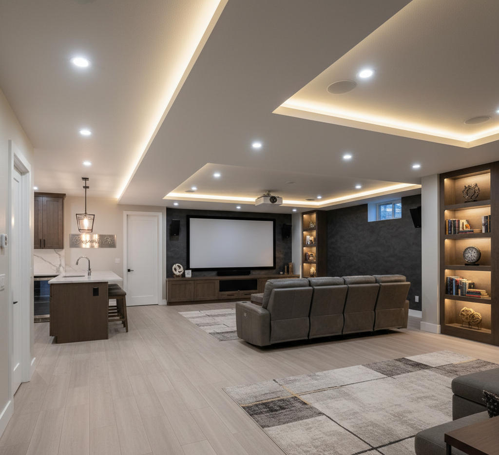 Finished basement renovation in Herriman Utah with modern lighting, flooring, and home theater setup
