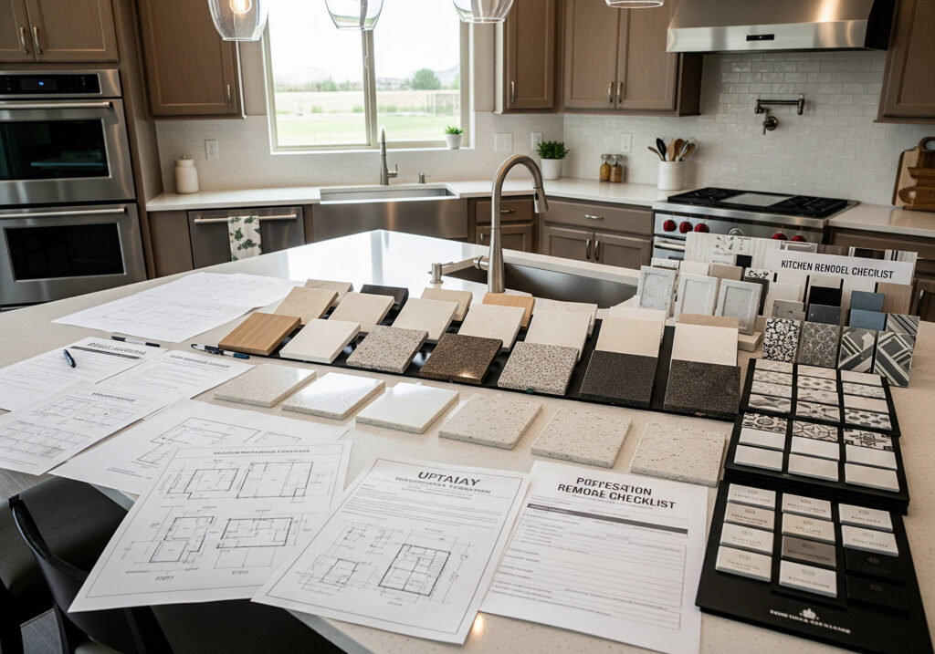 Homeowner reviewing Utah-specific kitchen remodeling checklist in a Sandy Utah kitchen
