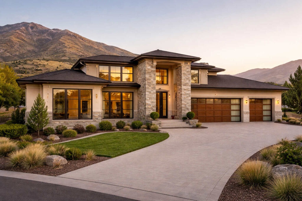 Modern custom home exterior in Bluffdale Utah showcasing professional custom home building