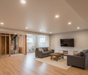 Finished Daybreak Utah basement living space with open layout and LVP flooring