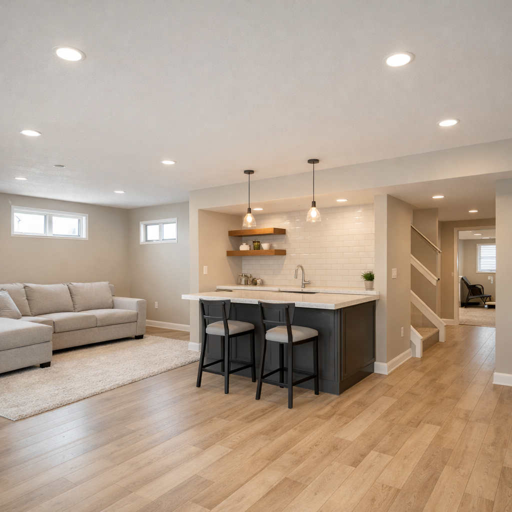 Budget-friendly finished basement in a Daybreak Utah home with modern lighting, neutral colors, and open layout