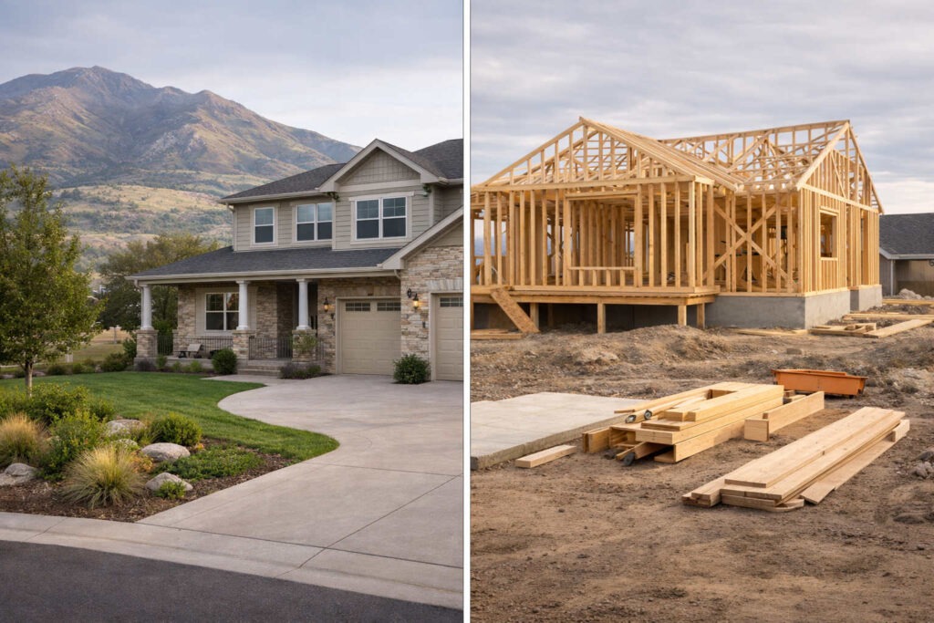 Finished home and new custom home construction side by side in Herriman Utah representing buy vs build decision