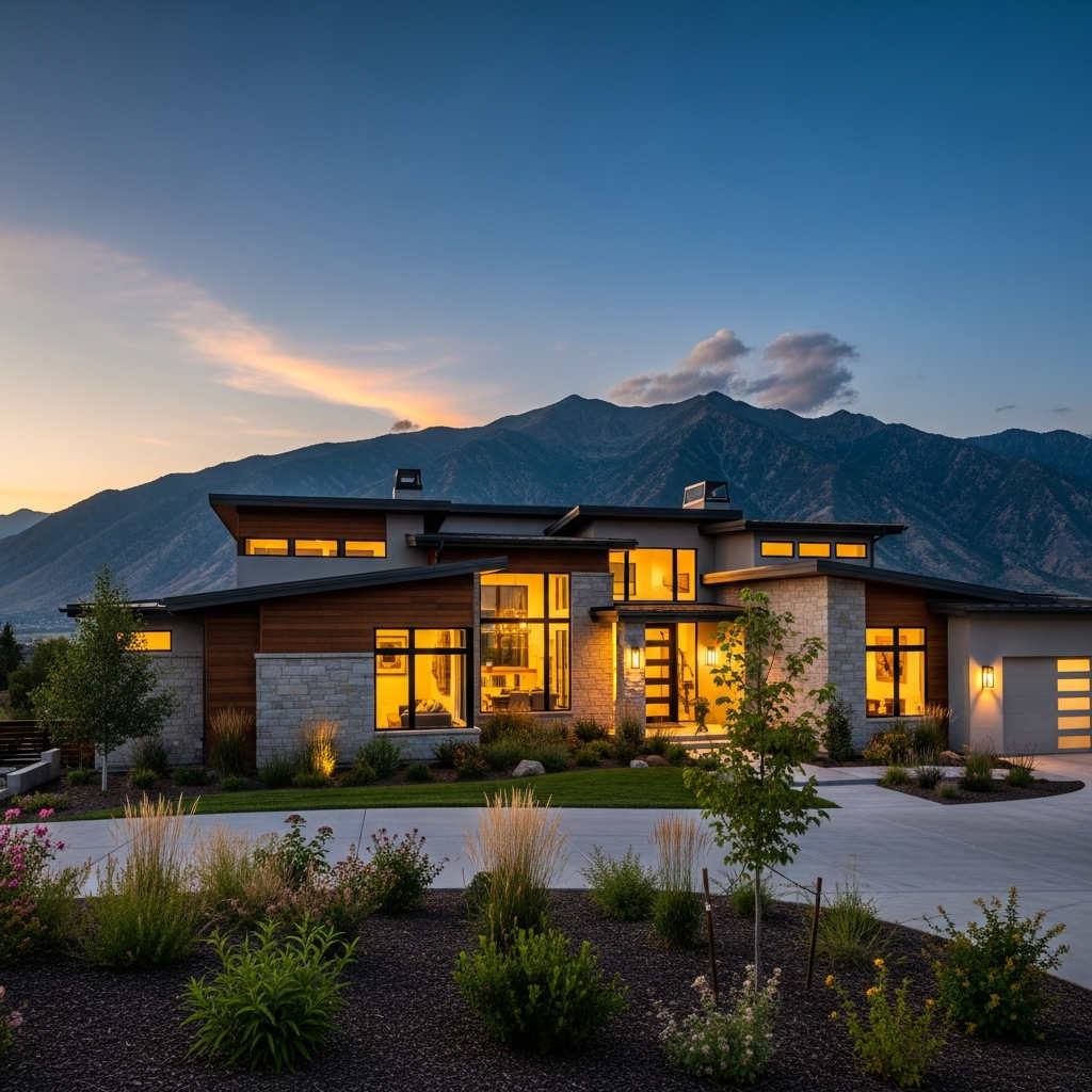 Custom home exterior in Herriman Utah built by Basements Etc with modern design and mountain views