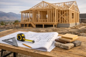 Herriman Utah homeowner reviewing custom home plans with builder and contractor