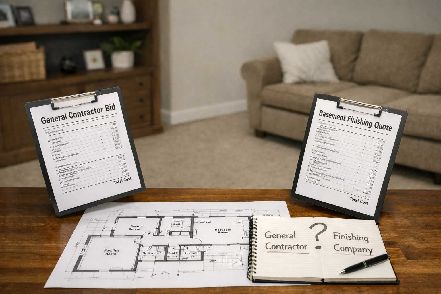 South Jordan homeowner comparing basement finishing quotes and floor plans